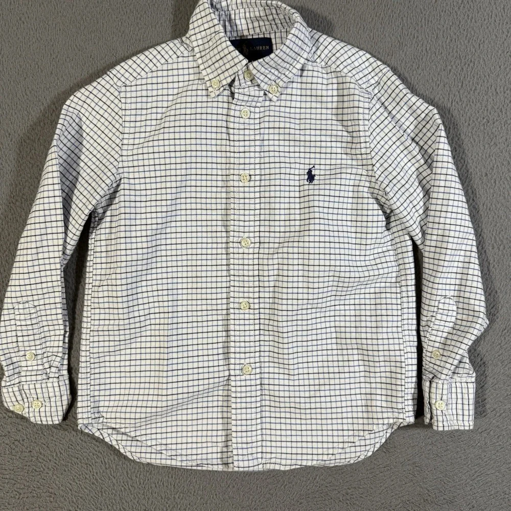 Polo‎ Ralph Lauren Boys Check Button Down Shirt Size 5 White Blue Classic Preppy